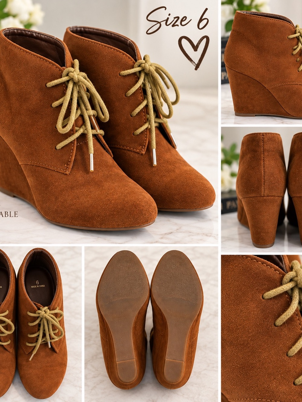 Brown Suede Wedge Ankle Booties with Lace-Up Detail